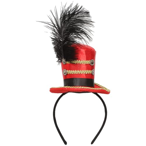 iEFiEL Damen Magier Trommlermütze Stirnband Mini Top Hut mit Feder Deko Mini-Zylinderhut Haarband Steampunk Kopfschmuck Karneval Maskerade Halloween Rot One Size von iEFiEL