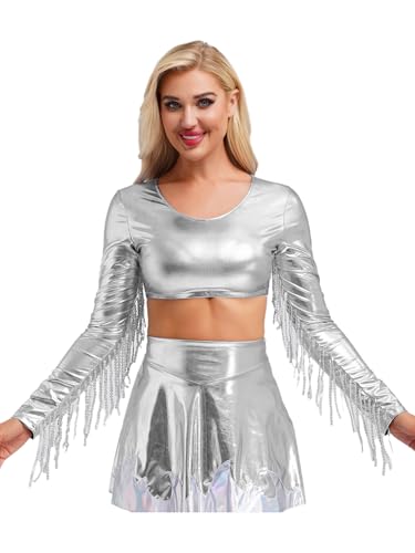 iEFiEL Damen Metallic Kostüm Set Fransen Oberteil mit Lack Leder Rock Glitzer Tanzkostüm Disco Nachtclubs Clubwear Fasching Kostüm Silber 3XL von iEFiEL