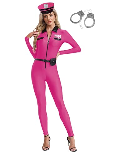 iEFiEL Damen Polizei Kostüm Langarm Jumpsuit mit Gürtel Hut und Handschellen Uniform Leotard Cosply Set Karneval Kostüm Clubwear Mottopartys Hot Pink 3XL von iEFiEL