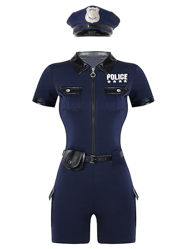 iEFiEL 4PCS Damen Polizistin Kostüm Polizei Uniform Cop Outfits Kurzarm Jumpsuit Karneval Faschingskostüm Frauen Fasnacht Mottoparty Bodysuits Navy blau 3XL von iEFiEL