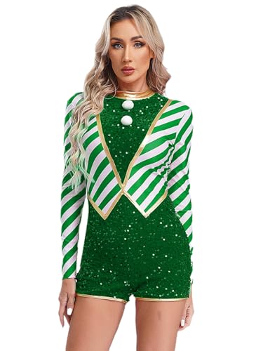 iEFiEL Damen Weihnachten Kostüm Langarm Tanzanzug Kurz Jumpsuit Glitzer Tanzbody Weihnachtskleidung Cosplay Weihnachsmann Grün S von iEFiEL