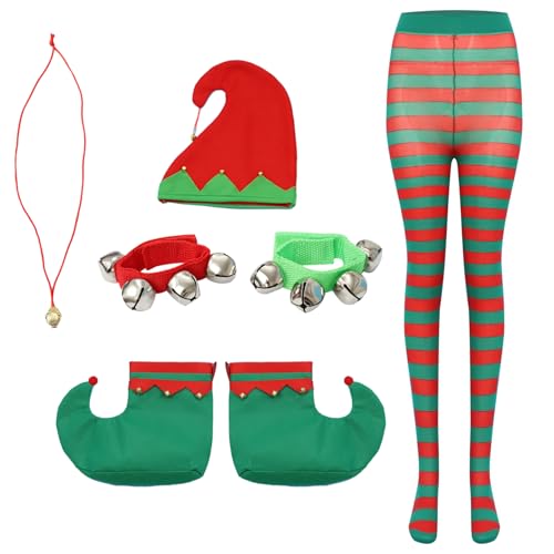 iEFiEL Damen Weihnachten Kostüm Set Elf Hut Gestreift Strumpfhosen Elfenschuhe Elfenohren Brille Handschuhe Bart Glocke Halskette Festival Cosplay Karneval Requisiten Typ A One Size von iEFiEL