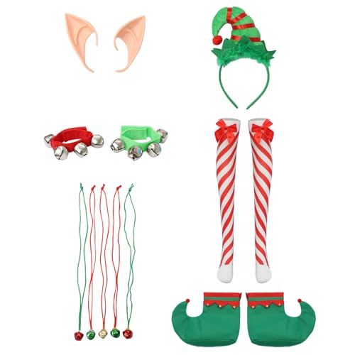 iEFiEL Damen Weihnachten Kostüm Set Elf Hut Gestreift Strumpfhosen Elfenschuhe Elfenohren Brille Handschuhe Bart Glocke Halskette Festival Cosplay Karneval Requisiten Typ B One Size von iEFiEL