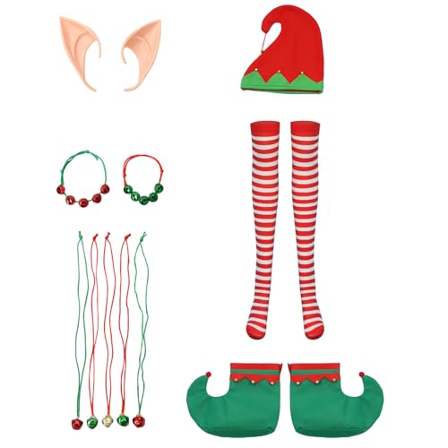 iEFiEL Damen Weihnachten Kostüm Set Elf Hut Gestreift Strumpfhosen Elfenschuhe Elfenohren Brille Handschuhe Bart Glocke Halskette Festival Cosplay Karneval Requisiten Typ C One Size von iEFiEL