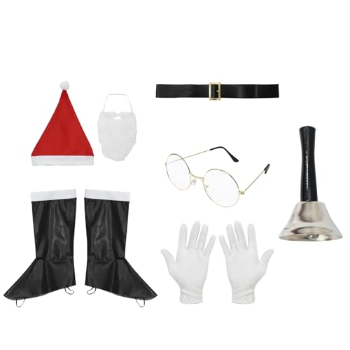 iEFiEL Damen Weihnachten Kostüm Set Elf Hut Gestreift Strumpfhosen Elfenschuhe Elfenohren Brille Handschuhe Bart Glocke Halskette Festival Cosplay Karneval Requisiten Typ D One Size von iEFiEL