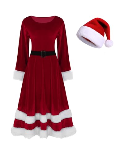 iEFiEL Damen Weihnachtskleid Langarm Samtkleid Weihnachten Kostüm Set Mit Hut Rot Maxikleid Weihnachten Partykleid Rot 4XL von iEFiEL