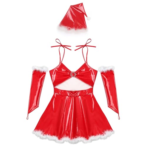 iEFiEL Damen Weitnachtskleid Cosplay Weihnachtsmann Kostüm Wetlook Minikleid Lackleder Trägerkleid Rot S von iEFiEL