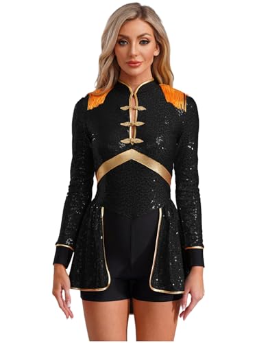 iEFiEL Damen Zirkus Kostüm Langarm Glitzer Zirkus Bodysuit mit Quasten Neckholder Zirkusdirektor Uniform Rollenspiel Cosplay Set Tanzbody FaschingKostüm Clubwear Schwarz 4XL von iEFiEL