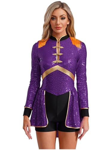 iEFiEL Damen Zirkus Kostüm Langarm Glitzer Zirkus Bodysuit mit Quasten Neckholder Zirkusdirektor Uniform Rollenspiel Cosplay Set Tanzbody FaschingKostüm Clubwear Violett 3XL von iEFiEL