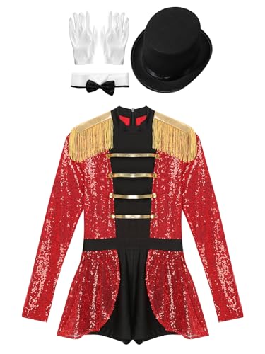 iEFiEL Damen Zirkus Kostüm Zirkusdirektor Kleidung Langarm Jumpsuit Halloween Kostüm Cosplay Karneval Glitzer Body Einteiler Bodysuit X Rot Glitzer A L von iEFiEL