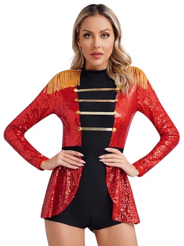 iEFiEL Damen Zirkus Kostüm Zirkusdirektor Kleidung Langarm Jumpsuit Halloween Kostüm Cosplay Karneval Glitzer Body Einteiler Bodysuit X Rot Glitzer L von iEFiEL