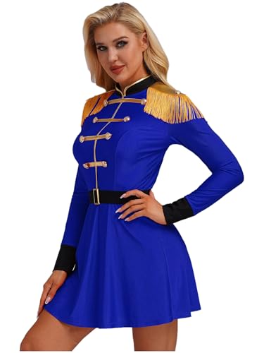 iEFiEL Damen Zirkus Kostüm Zirkuskleid mit Gürtel Quasten Zirkusdirektor Bodysuit Ballettkleidung Rollenspiel Cosplay Set Fasching Karneval Kostüm Rave Outfit Blau L von iEFiEL