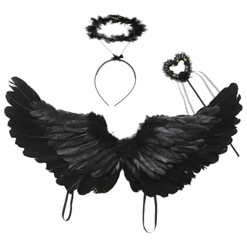 iEFiEL Engelsflügel mit Heiligenschein Zauberstab Set Halloween Engel Cupid Cosplay Kostüm Fasching Mottoparty Schwarz M One Size von iEFiEL