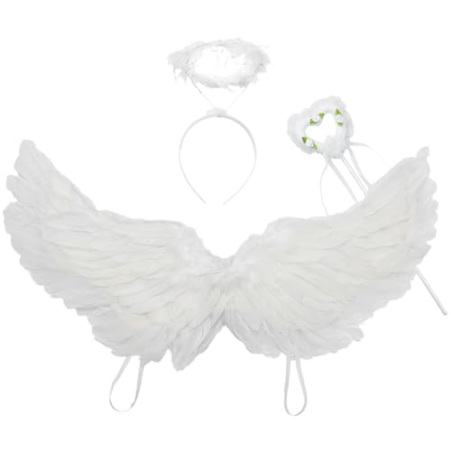 iEFiEL Engelsflügel mit Heiligenschein Zauberstab Set Halloween Engel Cupid Cosplay Kostüm Fasching Mottoparty Weiß S One Size von iEFiEL