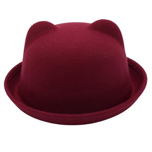 iEFiEL Erwachsene Kinder Filz Melonen Hut mit Bär Ohren Kawaii Top Hut Cute Jazz Hut Kopfbedeckung Karneval Halloween Cocktails Mottoparty Burgundy Adult Einheitsgröße von iEFiEL