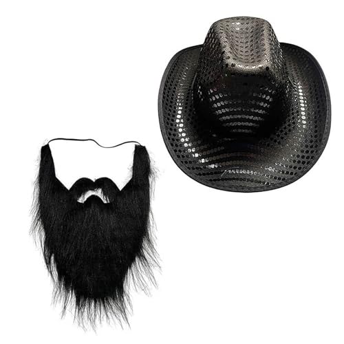 iEFiEL Erwachsene Pailletten Cowboyhut mit Novelty Funny Schnurrbart Set Breiter Krempe Western Hut Fake Bart Halloween Karneval Mottoparty Schwarz One Size von iEFiEL