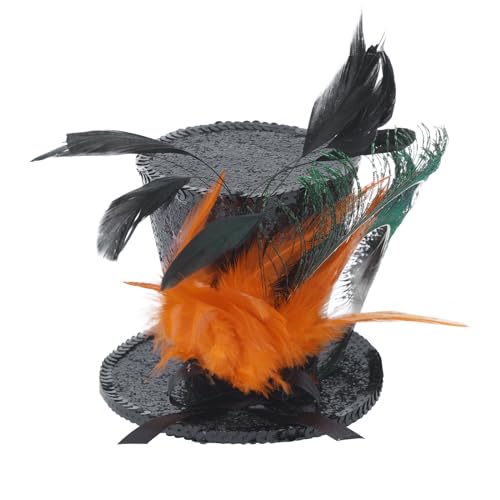 iEFiEL Feder Zylinder mit Clip Zauberhut für Damen Mini Hochzeitshut Maskerade Partyhut Kopfbedeckung Fasching Karneval Haar Accessoire Schwarz Orange One Size von iEFiEL