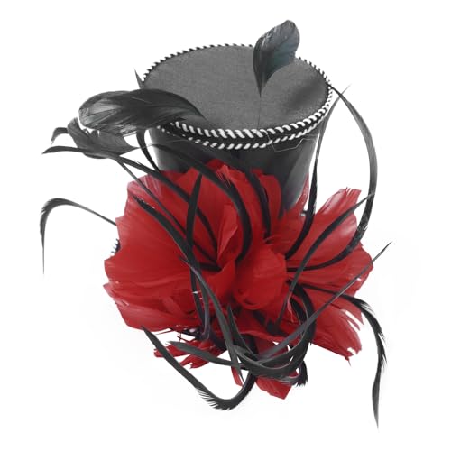 iEFiEL Feder Zylinder mit Clip Zauberhut für Damen Mini Hochzeitshut Maskerade Partyhut Kopfbedeckung Fasching Karneval Haar Accessoire Schwarz Rot One Size von iEFiEL