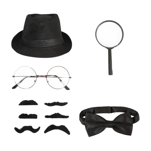 iEFiEL Halloween Detective Kostüm Set Melonenhut Fliege Schnürrbarte Lupe Brille Sherlock-Holmes Cosplay Gatsby-Flapper Karneval Mottoparty Maskerade Schwarz One Size von iEFiEL