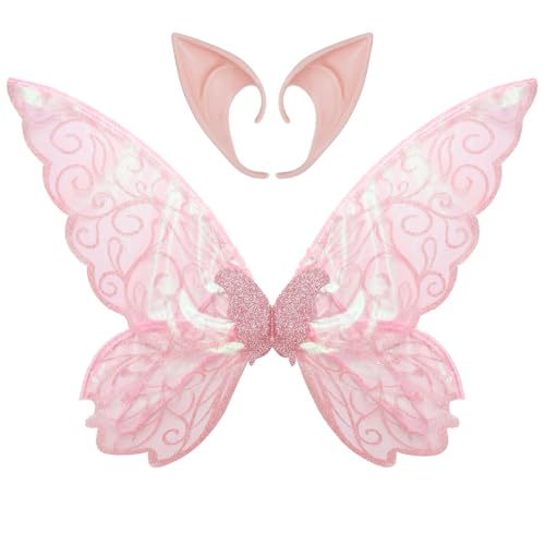 iEFiEL Halloween Feenflügel Kostüm Set Glitzernd Schmetterlingsflügel mit Elfen Spitzohren Prinzessin Elfenflügel Elfenohren für Maskerade Party Cosplay Rosa One Size von iEFiEL