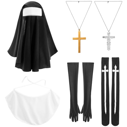 iEFiEL Damen Halloween Nonne Kostüm Set Nonnenhaube Priester Kreuz Halskette Handschuhe Kniestrümpfe Nun Klosterschwester Cosplay Mottoparty Fasching Type D One Size von iEFiEL