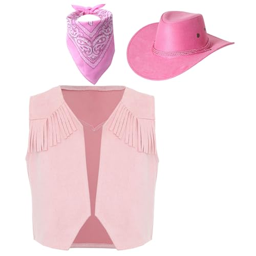 iEFiEL Halloween Western Cowboy Kostüm Kinder Quaste Weste Cowboyhut Bandana Cowboy Spielzeug Cosplay Karneval Party für Kinder 11-16 Jahre Rosa 146-152 von iEFiEL