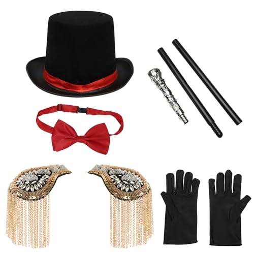 iEFiEL Halloween Zirkus Ringmaster Cosplay Zubehör Quaste Epauletten Zylinder Top Hut Handschuhe Peitsche Fliege Gehstock Magier Cosplay Fasching Typ G One Size von iEFiEL