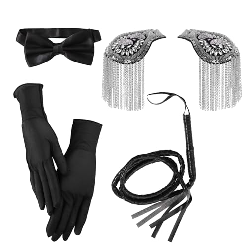 iEFiEL Halloween Zirkus Ringmaster Kostüm Requisiten Quaste Epauletten mit Peitsche Handschuhe Pre-gebundene Fliege Ringmaster Cosplay Zubehör Silber One Size von iEFiEL