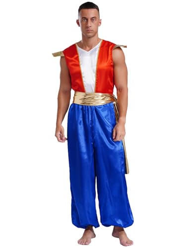 iEFiEL Herren Araber Prinz Kostüm Araber Bekleidung Set Halloween Faschingskostüm Satin Romper Overall Ärmellose Ganzanzug Blau M von iEFiEL