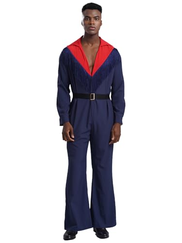 iEFiEL Herren Disco Kostüm mit Gürtel 80er Jahre V-Ausschnitt Overall Jumpsuit Vintage Tanzkostüm Mottopartys Fasching Clubwear Rot 3XL von iEFiEL