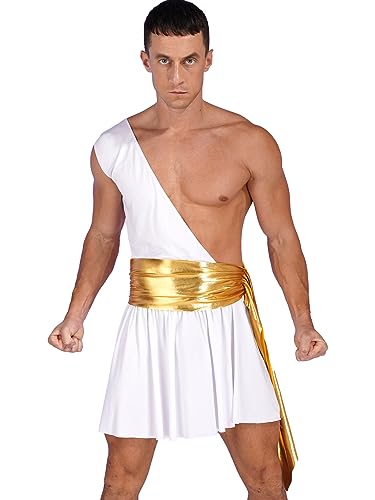 iEFiEL Herren Griechischer Gott Kostüm Römische Krieger Cosplay Kostüme für Halloween Fasching Mottoparty Verkleidung Ein-Schulter Mankini mit Minirock Xa Weiß 3XL von iEFiEL