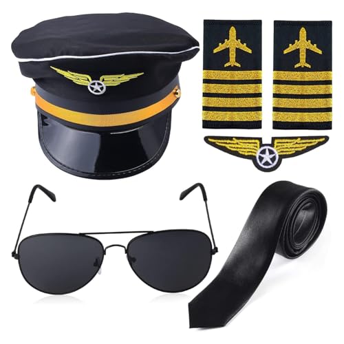 iEFiEL Herren Kapitän Matrosen Kostüm Set Pilotenhut mit Sonnenbrille Krawatte Schulterklappen Pilot Kapitän Cosplay Mottoparty Fasching Typ A One Size von iEFiEL