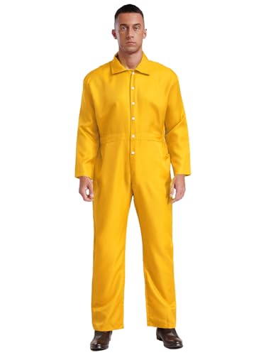 iEFiEL Herren Overall Langarm Arbeitsanzug Einfarbig Jumpsuit mit Taschen Halloween Klempner Kostüm Karneval Cosplay Ganzkörperanzug Arbeitsoverall Gelb 3XL von iEFiEL