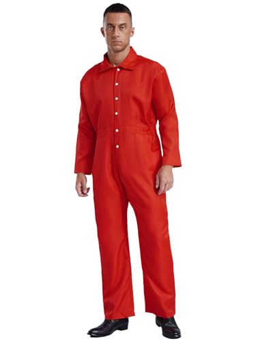 iEFiEL Herren Overall Langarm Arbeitsanzug Einfarbig Jumpsuit mit Taschen Halloween Klempner Kostüm Karneval Cosplay Ganzkörperanzug Arbeitsoverall Rot 3XL von iEFiEL