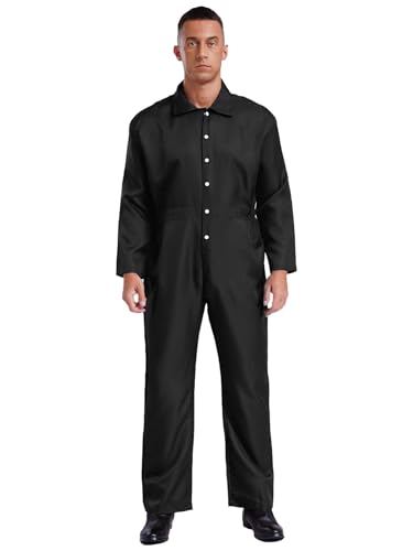 iEFiEL Herren Overall Langarm Arbeitsanzug Einfarbig Jumpsuit mit Taschen Halloween Klempner Kostüm Karneval Cosplay Ganzkörperanzug Arbeitsoverall Schwarz 3XL von iEFiEL