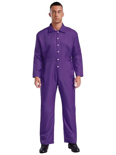 iEFiEL Herren Overall Langarm Arbeitsanzug Einfarbig Jumpsuit mit Taschen Halloween Klempner Kostüm Karneval Cosplay Ganzkörperanzug Arbeitsoverall Violett M von iEFiEL