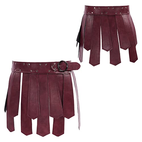 iEFiEL Herren Mittelalterlich Quastenrock Gladiatoren Rock Krieger PU-Leder Taillengürtel Schottland Rock Wetlook Kilt Rock Halloween Karneval Cosplay Fasching Burgundy A One Size von iEFiEL