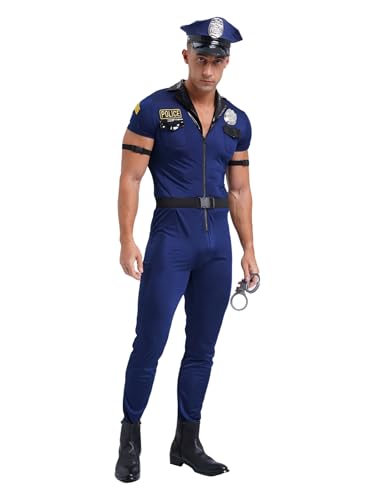 iEFiEL Herren Polizei Kostüm mit Cop Outfits Polizist Uniform Kurzarm Overall Ganzkörperanzug Karneval Mottoparty Fasching Kostüme Blau XL von iEFiEL