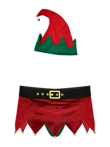 iEFiEL Herren Weihnachtskostüm Weihnashten Elf Kostüm Cosplay Weihnachtsmann Kostüm Set Weihnachtsmütze und Unterwäsche Rot XL von iEFiEL