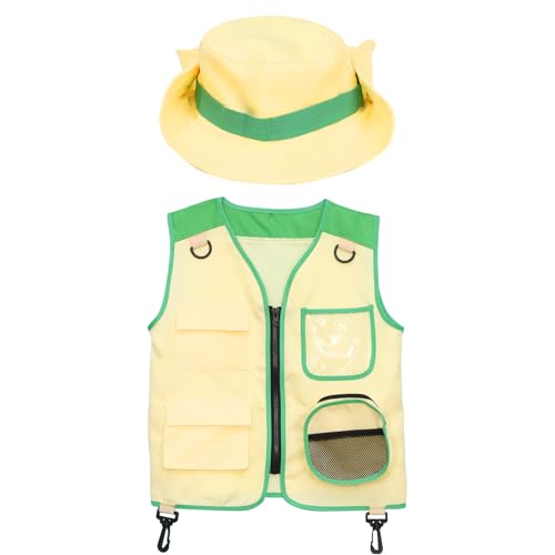 iEFiEL Kinder Abenteuerkostüm Frachtweste Hut Set Ärmellos Outdoor Weste Kopfbedeckung Mädchen Junge Kostüm für Camping Geschenke Grün One Size von iEFiEL