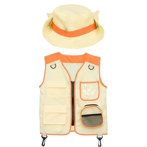 iEFiEL Kinder Abenteuerkostüm Frachtweste Hut Set Ärmellos Outdoor Weste Kopfbedeckung Mädchen Junge Kostüm für Camping Geschenke Orange One Size von iEFiEL