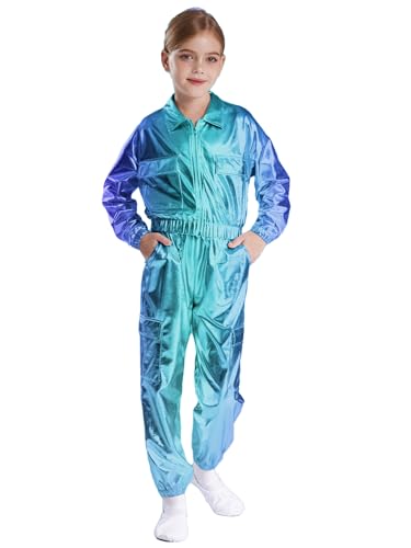 iEFiEL Kinder Mädchen Jungen Metallic Glitzer Trainingsanzug Langarm wetlook jacke mit Lang Hose Sportanzug freizeit anzug Jazz Hip Hop Kostüm Karneval Fasching Clubwear Blau 158-164 von iEFiEL