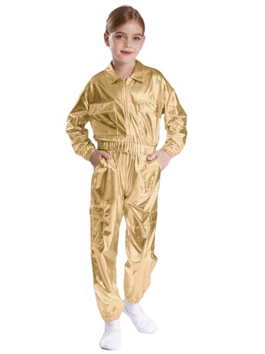 iEFiEL Kinder Mädchen Jungen Metallic Glitzer Trainingsanzug Langarm wetlook jacke mit Lang Hose Sportanzug freizeit anzug Jazz Hip Hop Kostüm Karneval Fasching Clubwear Gold 110-116 von iEFiEL