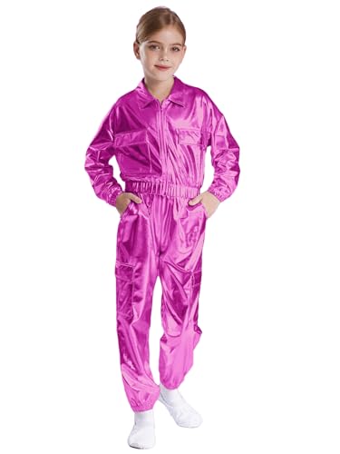 iEFiEL Kinder Mädchen Jungen Metallic Glitzer Trainingsanzug Langarm wetlook jacke mit Lang Hose Sportanzug freizeit anzug Jazz Hip Hop Kostüm Karneval Fasching Clubwear Hot Pink 134-140 von iEFiEL