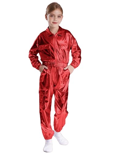 iEFiEL Kinder Mädchen Jungen Metallic Glitzer Trainingsanzug Langarm wetlook jacke mit Lang Hose Sportanzug freizeit anzug Jazz Hip Hop Kostüm Karneval Fasching Clubwear Rot 110-116 von iEFiEL