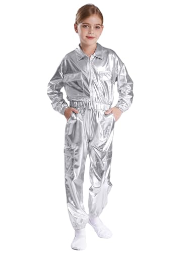 iEFiEL Kinder Mädchen Jungen Metallic Glitzer Trainingsanzug Langarm wetlook jacke mit Lang Hose Sportanzug freizeit anzug Jazz Hip Hop Kostüm Karneval Fasching Clubwear Silber 170 von iEFiEL