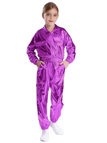 iEFiEL Kinder Mädchen Jungen Metallic Glitzer Trainingsanzug Langarm wetlook jacke mit Lang Hose Sportanzug freizeit anzug Jazz Hip Hop Kostüm Karneval Fasching Clubwear Violett 110-116 von iEFiEL