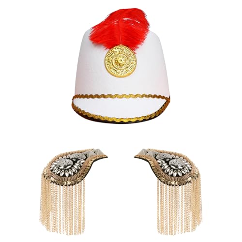 iEFiEL Kinder Marschband Hut mit Quasten Schulterklappen Set Spielzeug Soldatenhut Uniform Schulter Epaulette für Fasching Cosplay Weiß A One Size von iEFiEL