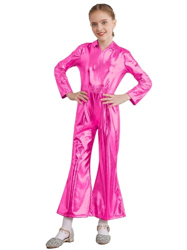 iEFiEL Mädchen Disco Kostüm 70er Jahre Overall Halloween Ganzanzug Lang Jumpsuit Ganzkörper Body Karneval Fasching Tanzkostüm Hell Rosa 134-140 von iEFiEL