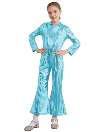 iEFiEL Mädchen Disco Kostüm 70er Jahre Overall Halloween Ganzanzug Lang Jumpsuit Ganzkörper Body Karneval Fasching Tanzkostüm Hellblau 110-116 von iEFiEL